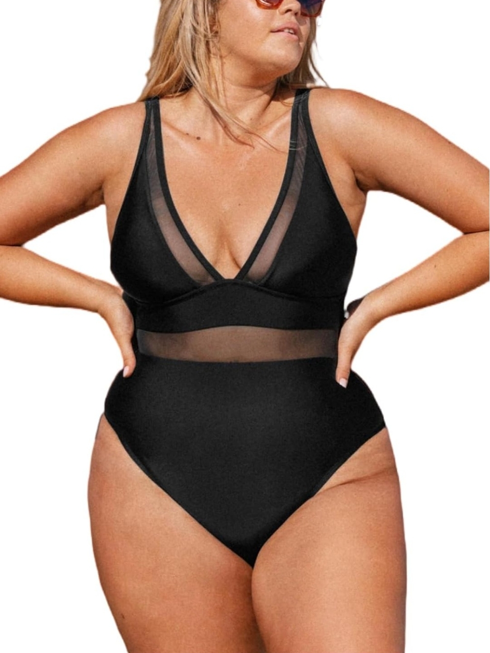 Cupshe Black Mesh V-Neck One-Piece Swimsuit